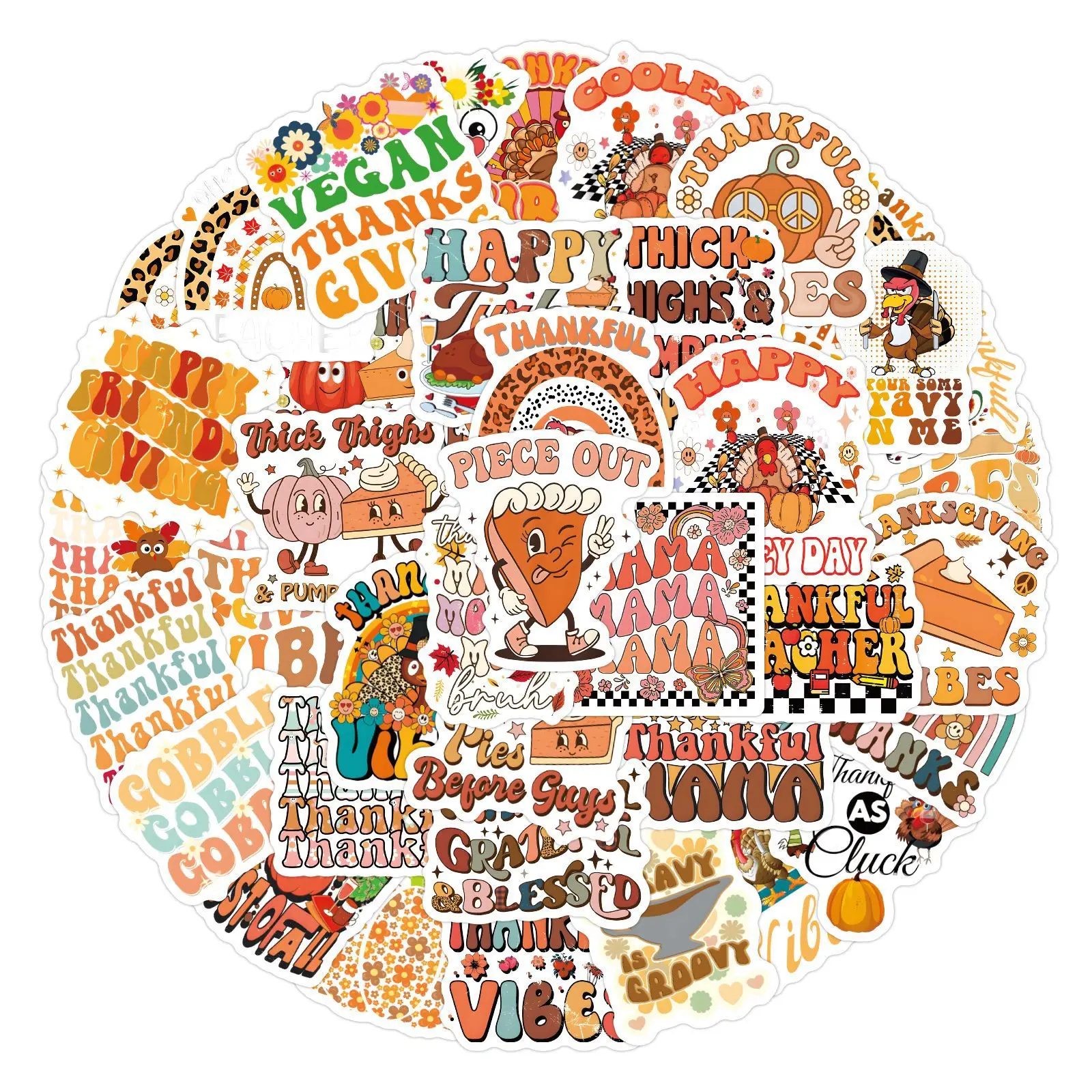 

60PCS Cartoon Groovy Thanksgiving Stickers Funny Doodle Decals Children's Toys Gifts Refrigerator Scooter Helmet DIY Stickers