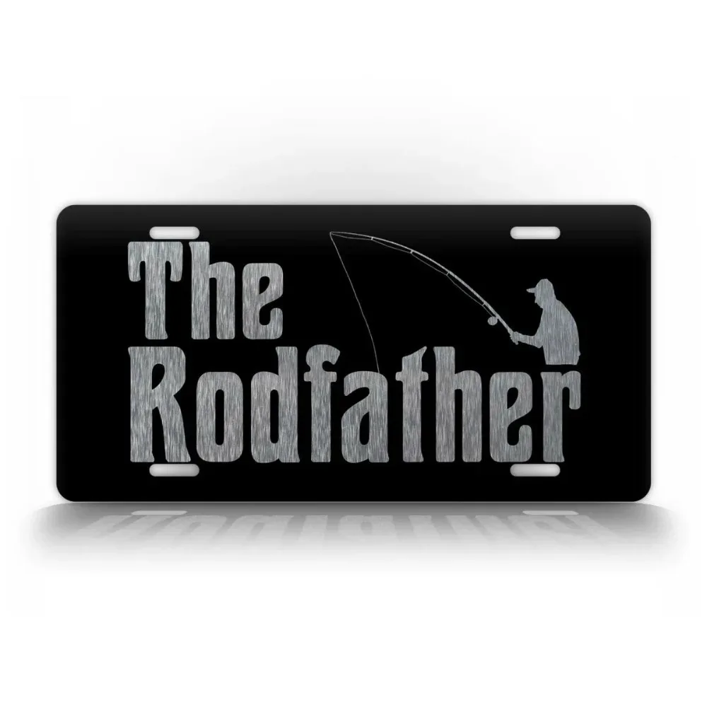 1 placa de matrícula metálica plateada personalizable con la inscripción 'The Rodfather', con temática de pesca con caña y carrete, para amantes de la pesca.