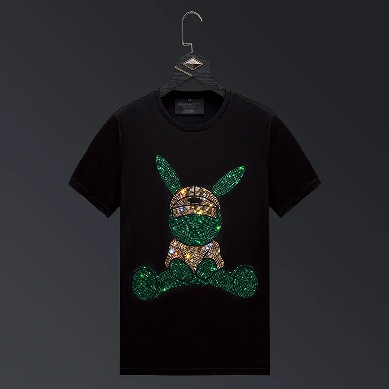 Men's Short Sleeve O-Neck Slim T-shirts, Rabbit Rhinestones, Cartoon Streetwear, High Quality, Fashion