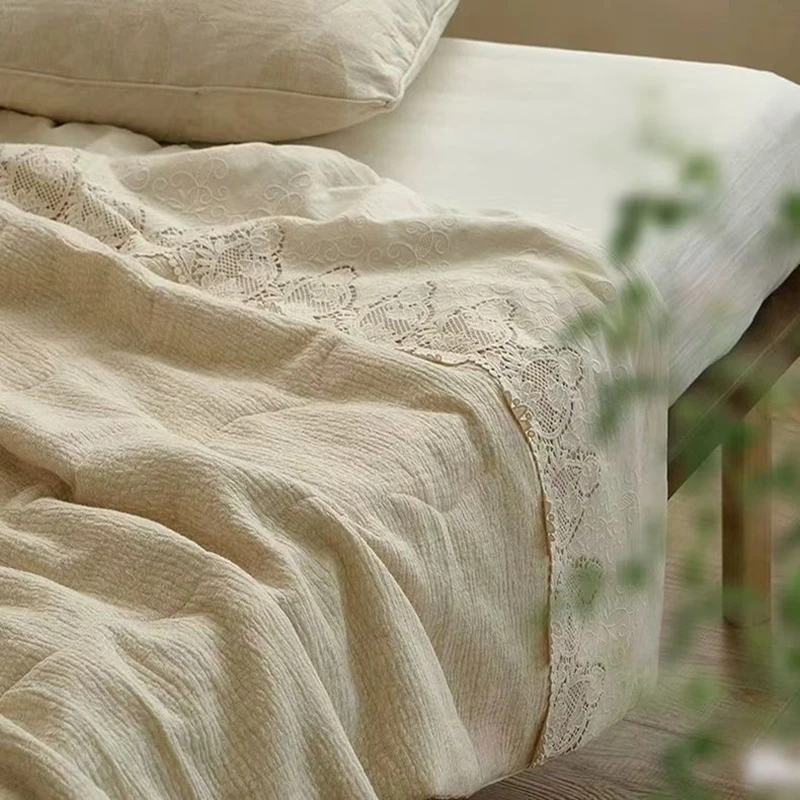 

80%Cotton And 20% Linen Quilt Summer Cool Lace Double Layer Gauze Blanket Single Double Bed Breathable Washable Thin Comforter