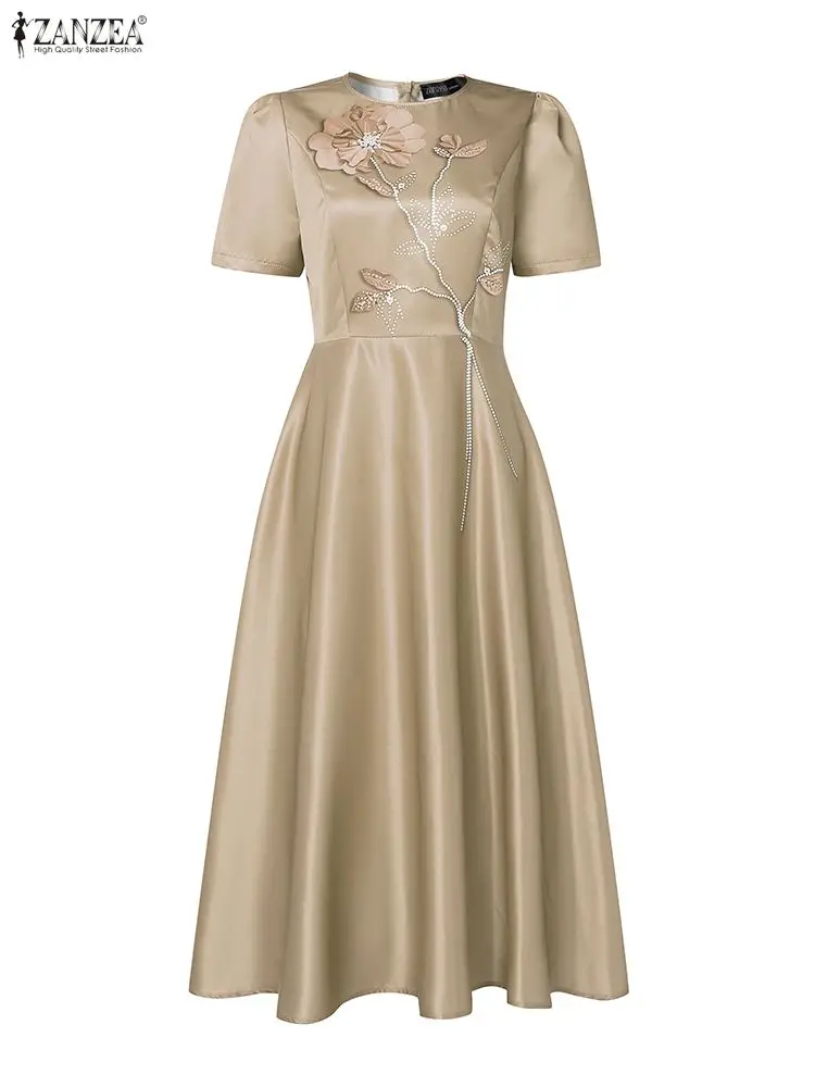 ZANZEA エレガントな女性パーティーミディドレス視覚的に 3D 花柄プリント A ラインドレス半袖フィットウエスト結婚式のゲストの服