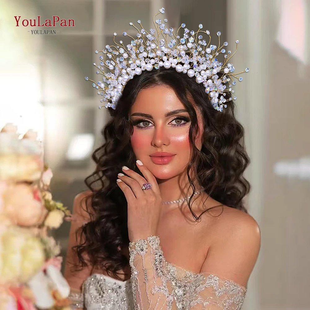 

YouLaPan Wedding Pearl Crystal Hair Hoop Bride Headpiece Party Crown Bridal Vintage Hair Accessories Banquet Headband HP877