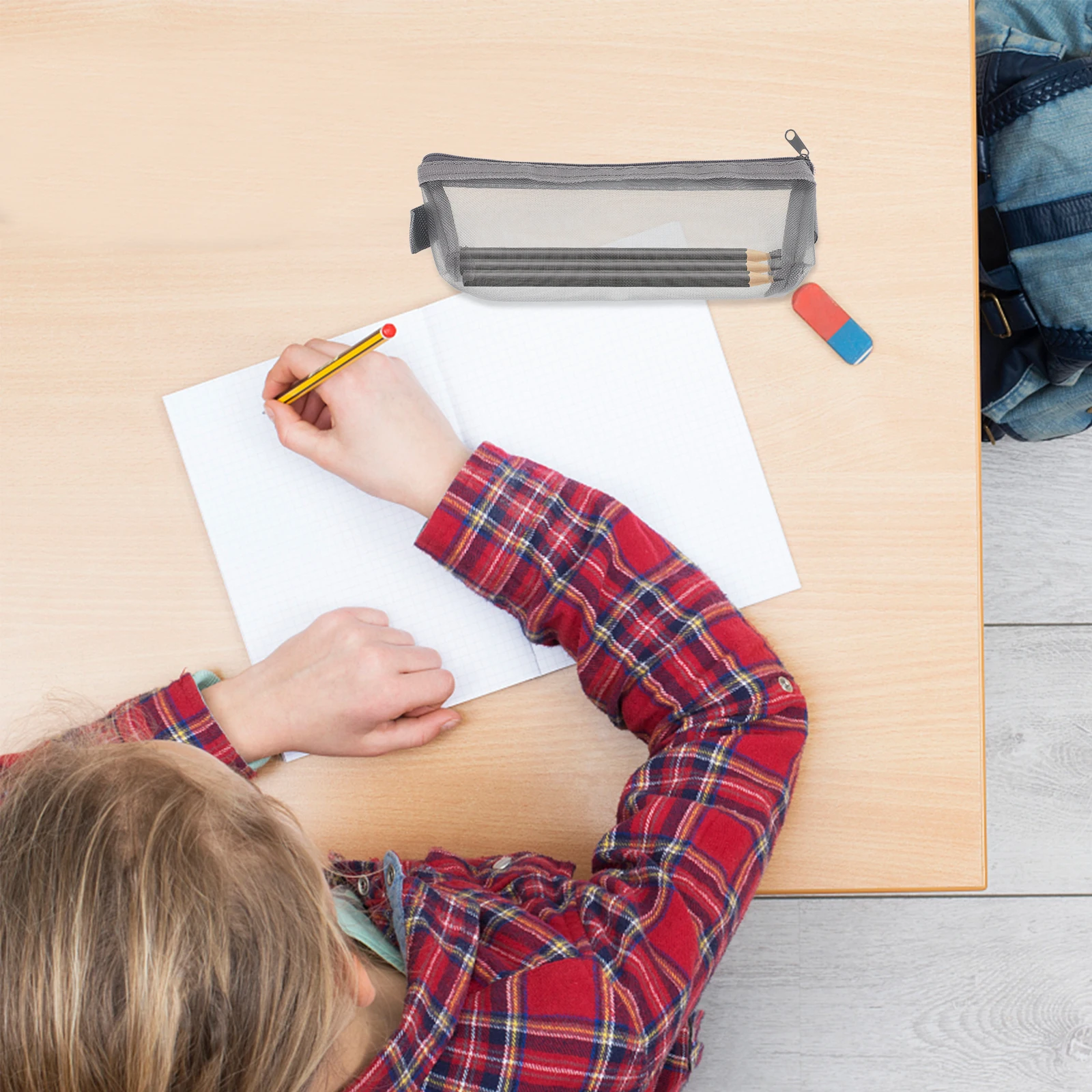 

1 Grey Large Capacity Pencil Bag Transparent Mesh Zipper Storage Stationery Organizer For Students Files Holder