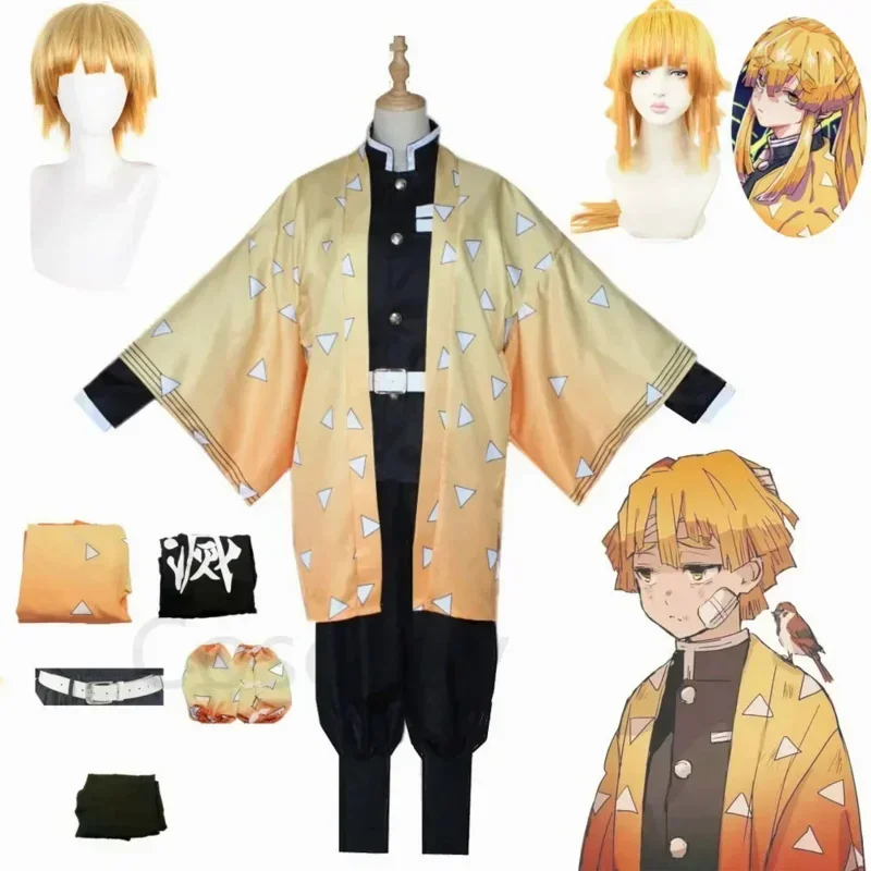 Anime Demon Moordenaar Kimetsu No Yaiba Agatsuma Zenitsu Cosplay Kostuum Mannen Vrouwen Kimono Uniform Canival Feest Kostuum Geschenken