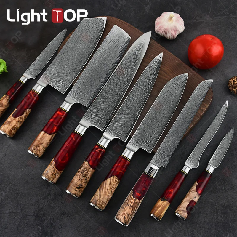 

Japanese Kitchen Knives Damascus Steel Slicing Chef Knife Meat Cleaver Utility Santoku Bread Cooking Butcher with Resin Handle