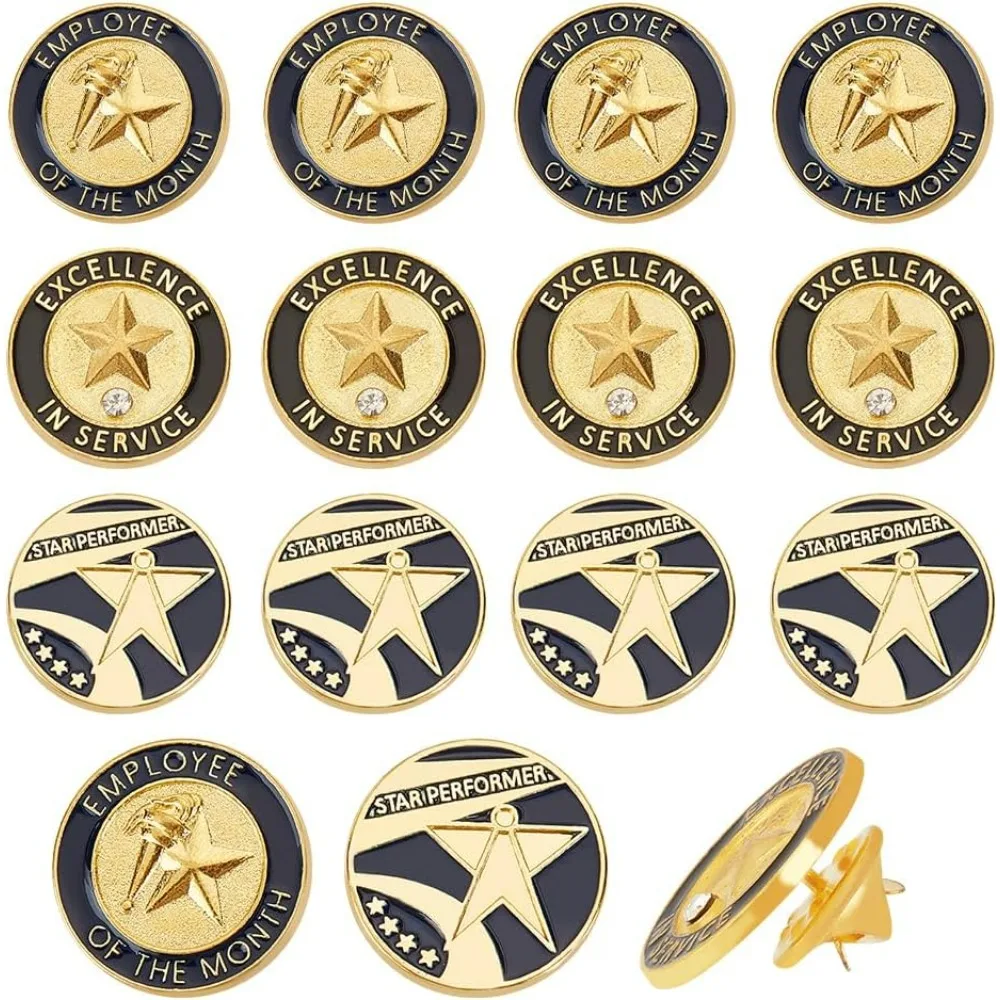 15Pcs 3 Style Employee of The Month Lapel Pin 20.5mm Encouraging Word Brooches Alloy Enamel Star Brooches Pins Gold making kit