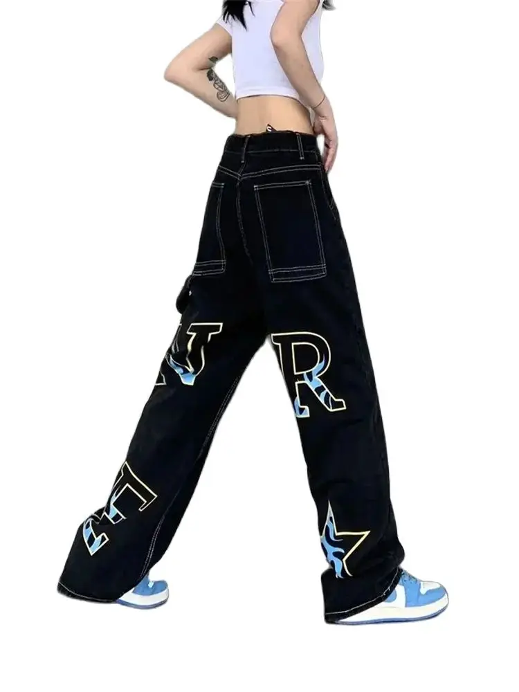 

Anivia Jeans Y2K Harajuku Hip Hop Black Letter Print Baggy Jeans Men Women New Gothic High Waist Wide Leg Trousers Streetwear