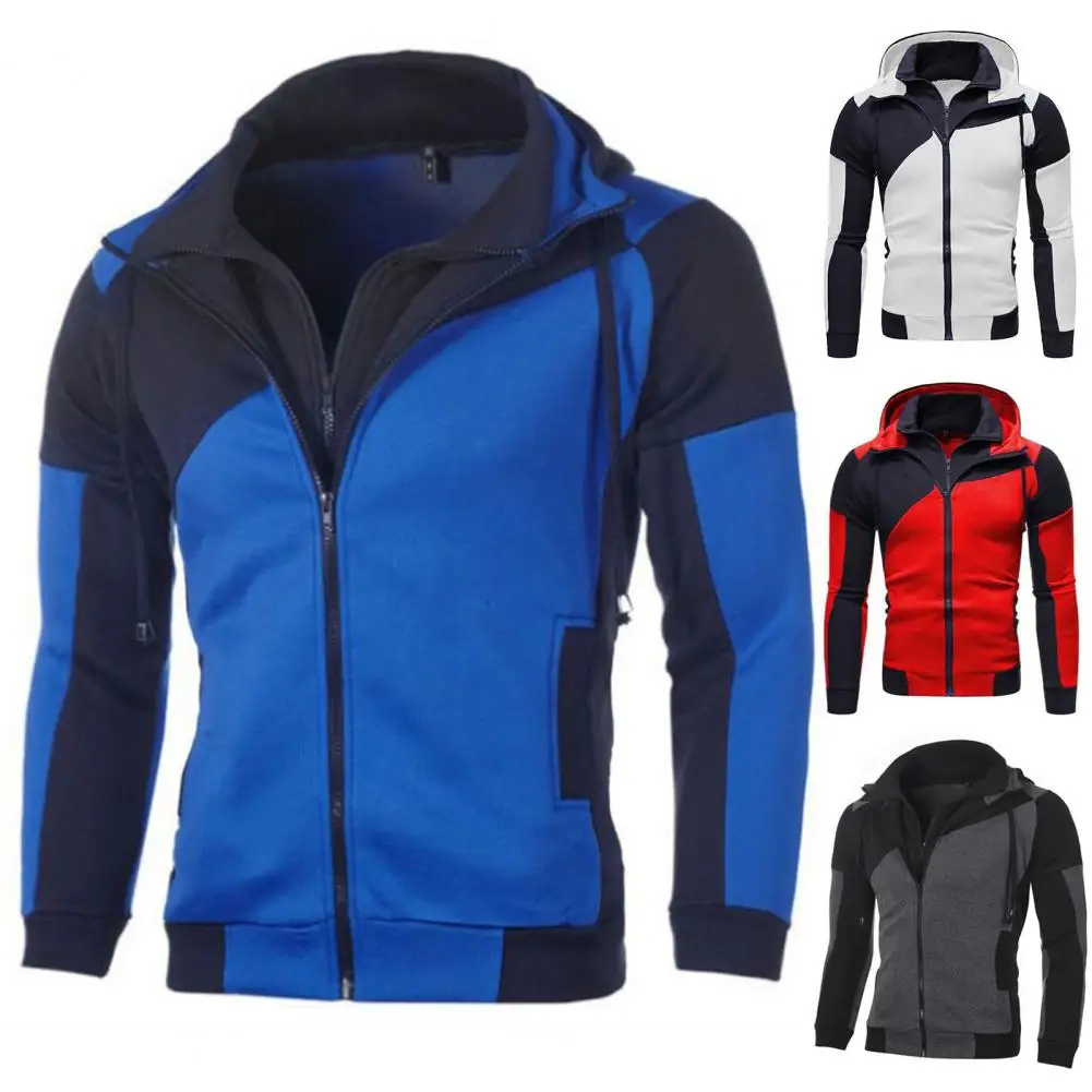 

Stand Collar Double Layer Zipper Fake Two Pieces Pockets Fleece Lining Cardigan Hoodie Men Hooded Patchwork Color Sweatshirt