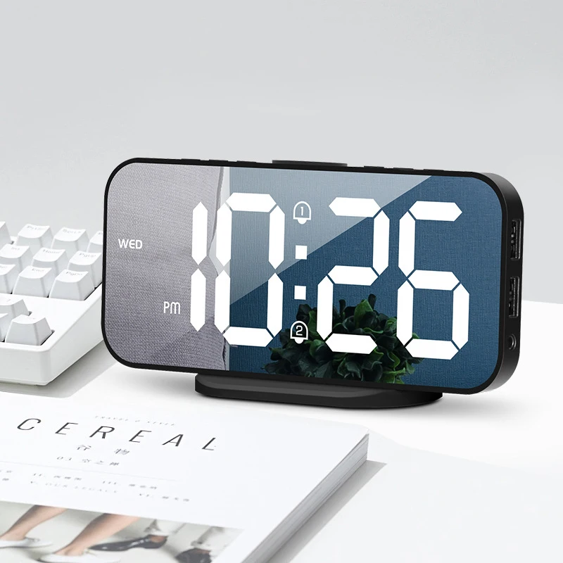 HD Mirror LED Digital Alarm Clock Luminous Week Display Night Mode Brightness Adjust Snooze Function Dual Alarms Table Clock