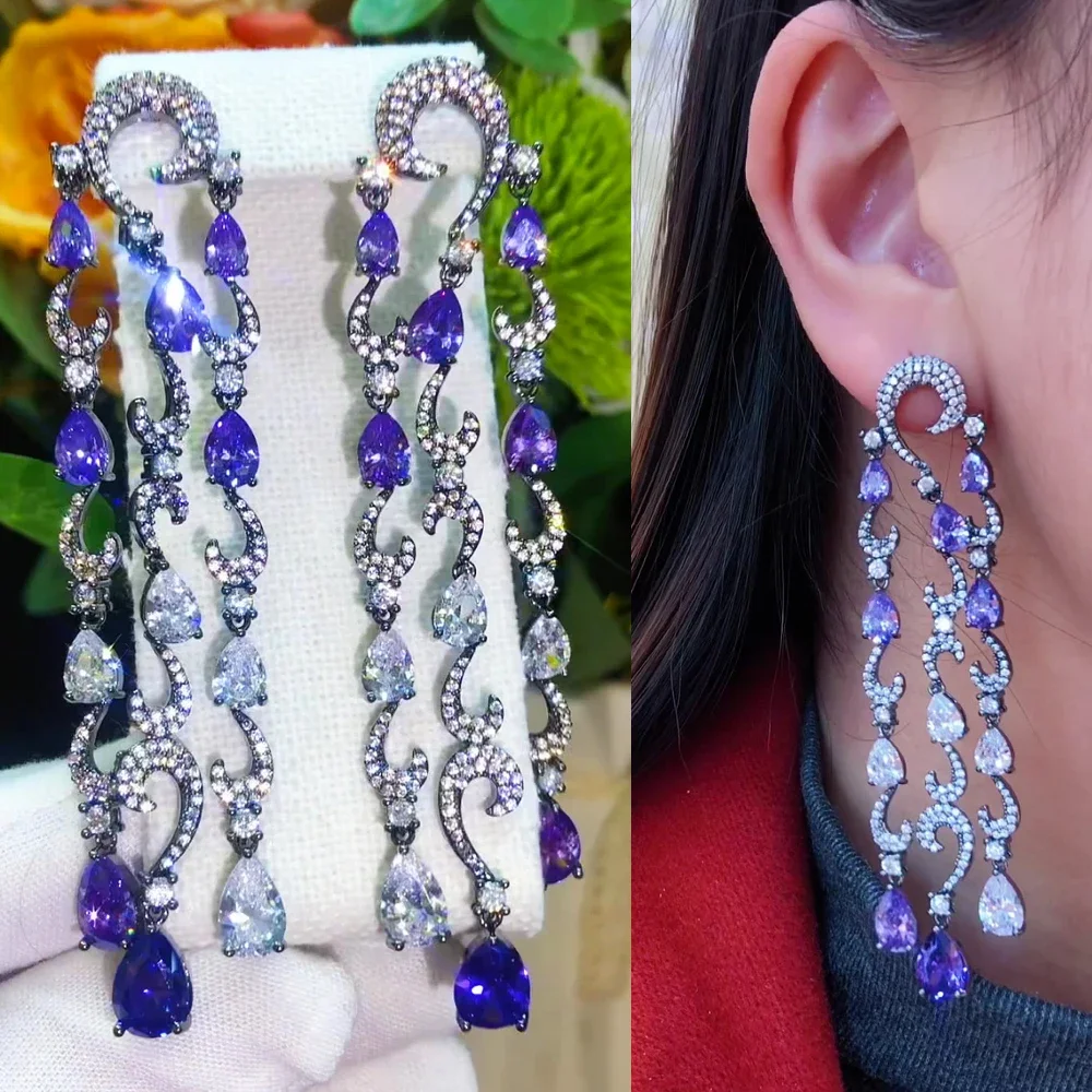 

Soramoore Trendy Street Style Long Pendant Earrings For Women Wedding Party Cubic Zircon Dubai Bridal Earring Boucle D'oreille