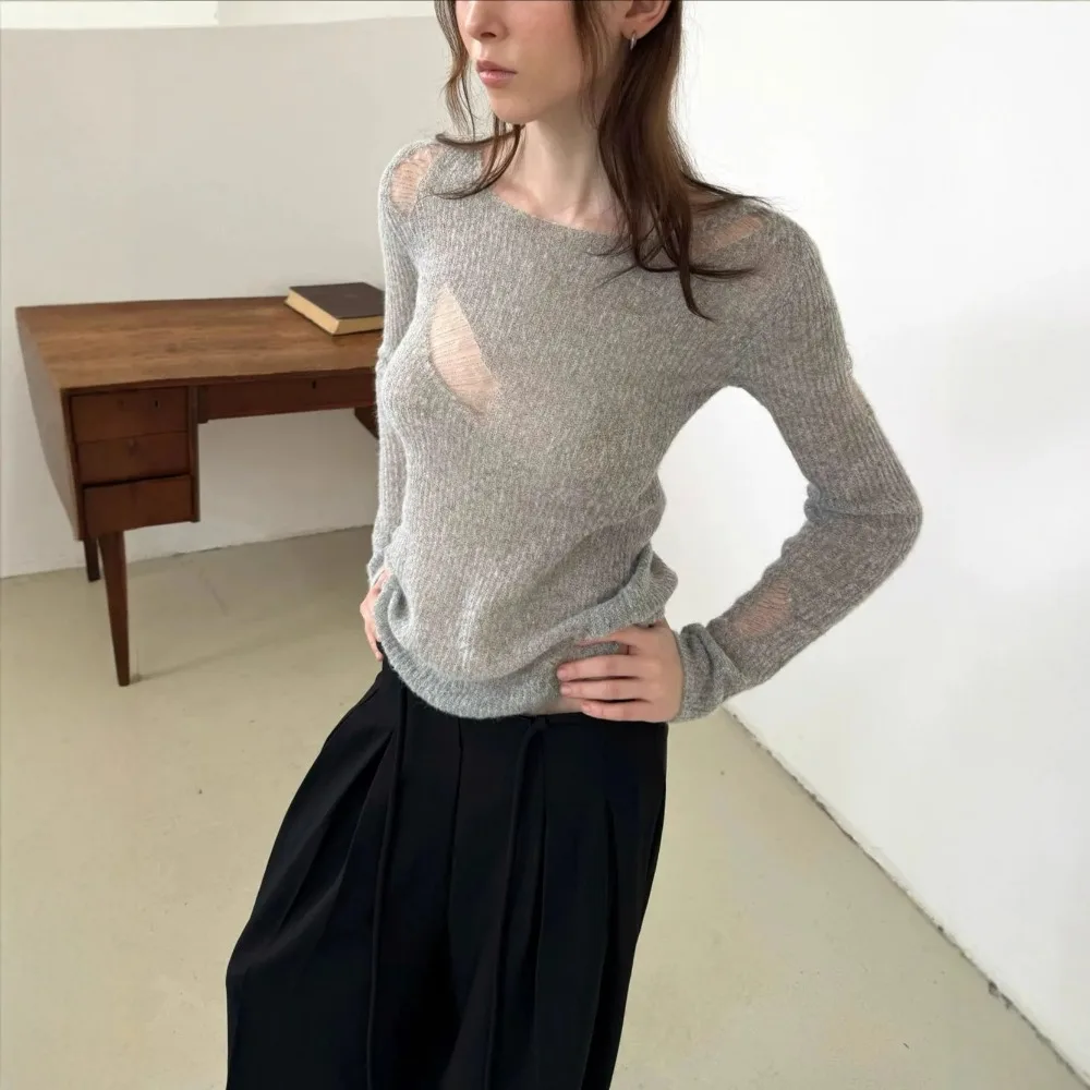 2026 Design Hollow Splicing Lace Knitted Sweater Women's Micro-transparent Temperament Bottoming Top