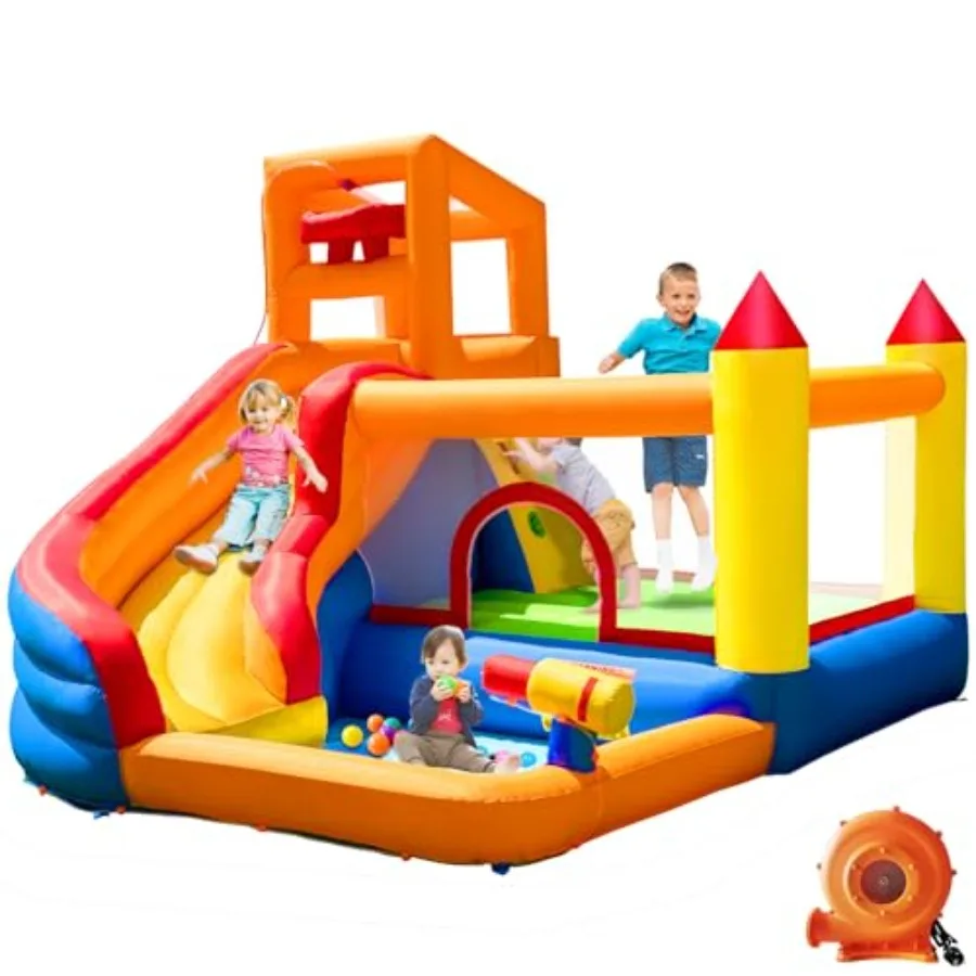 Toboggan aquatique gonflable pour maison de rebond – Parc aquatique d'arrière-cour pour enfants avec toboggan, piscine (poisson à balles), et décharge de seau pour extérieur/intérieur