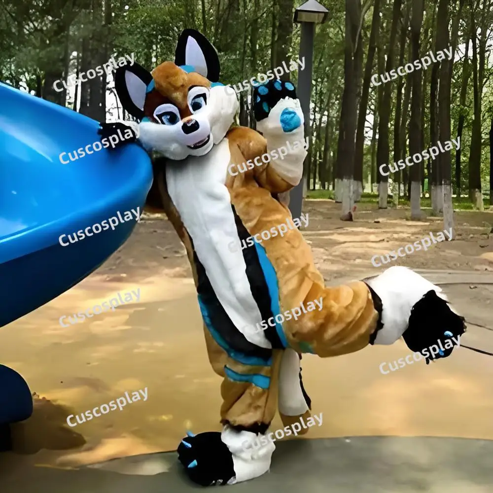 

Brown Blue Fursuit Husky Fox Dog Black White Mascot Costume Halloween Christmas Fancy Party Animal Cartoon Character Outfit Suit