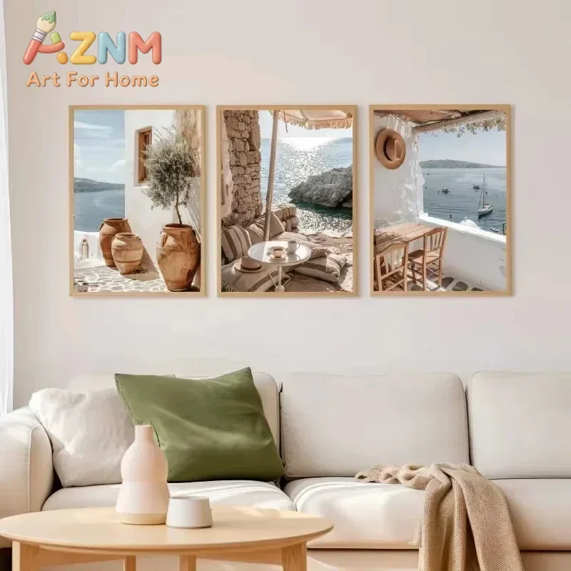 Scandinavian Modern Coastal Santorini Island Landscape Poster Summer Greece Travel Canvas Print Home Living Room Bedroom Decor