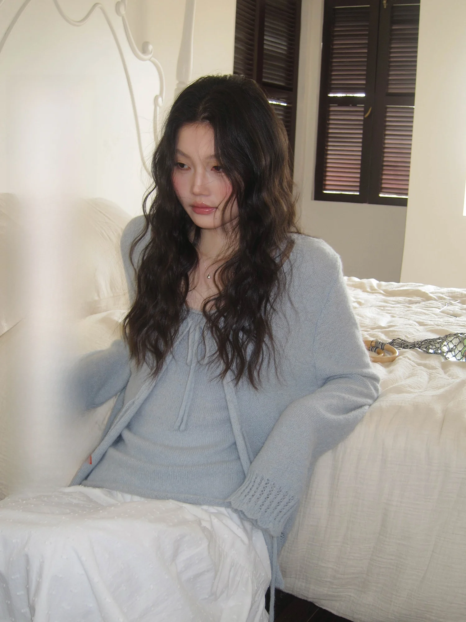 

Gentle Blue Knitted Cardigan with Belt Women's Slimming Soft Muffin Two-Piece Set Loose Sle Long Sve Mid-Length Coat