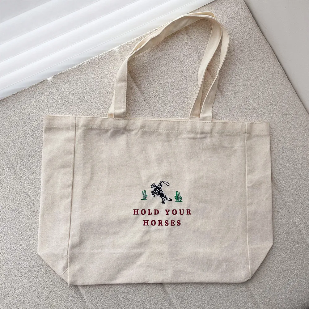 Hold Your Horses Western Embroidered Printing Canvas Shopping Bags American Retro Style Women Fashion Reusable Handbag Tote Bag