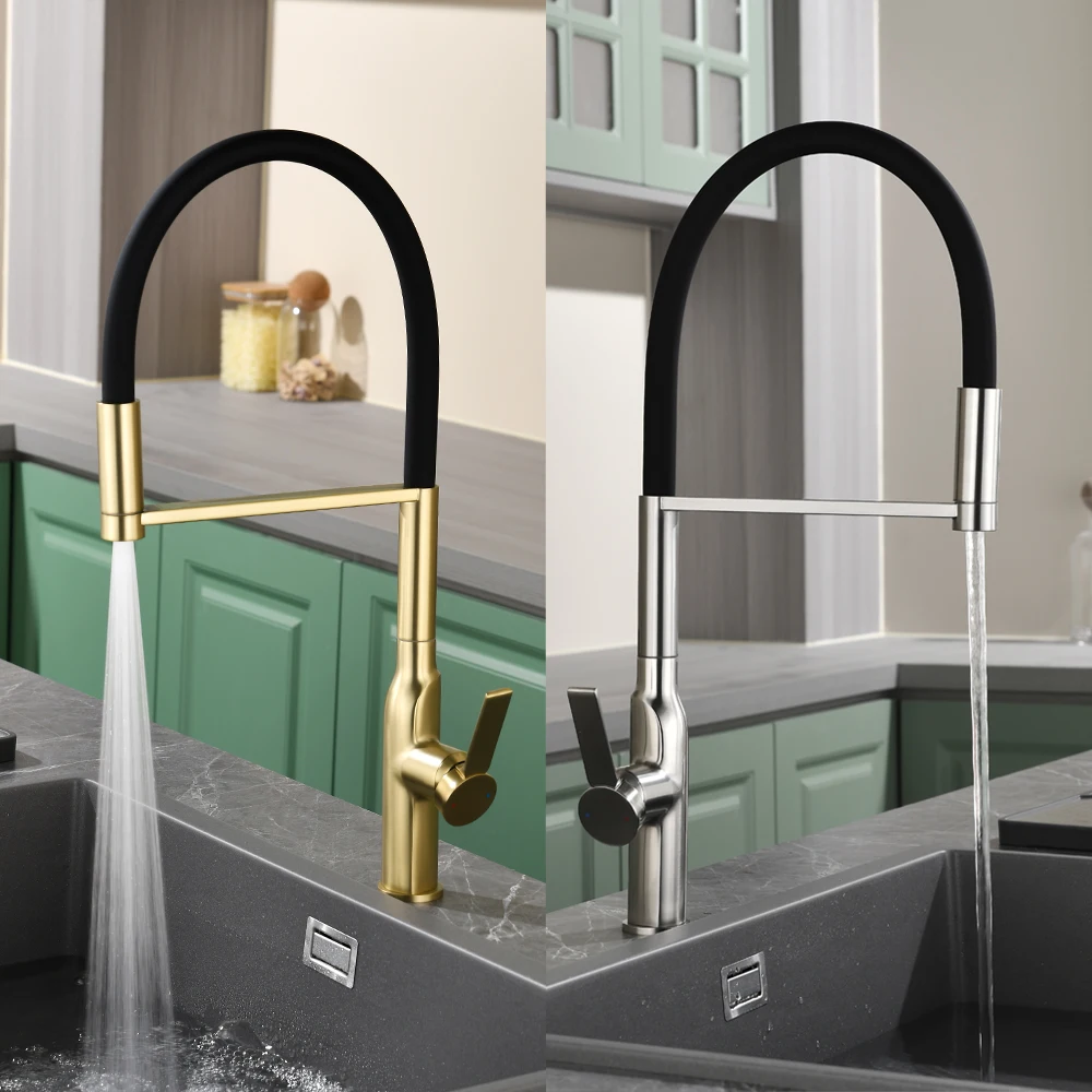 Nouveau robinet de cuisine en or brossé haut de gamme, mélangeur froid et chaud en laiton massif, robinets d'eau de source extractibles, robinets d'évier de cuisine à pulvérisation pivotante robinets cuisine