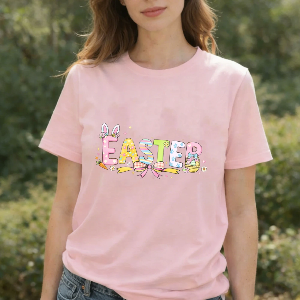 Bunny Ears Bow with Carrot Egg Basket Paw Print Graphic Pastel Cute Festive Casual Outfits for Spring Easter Celebrations Tee