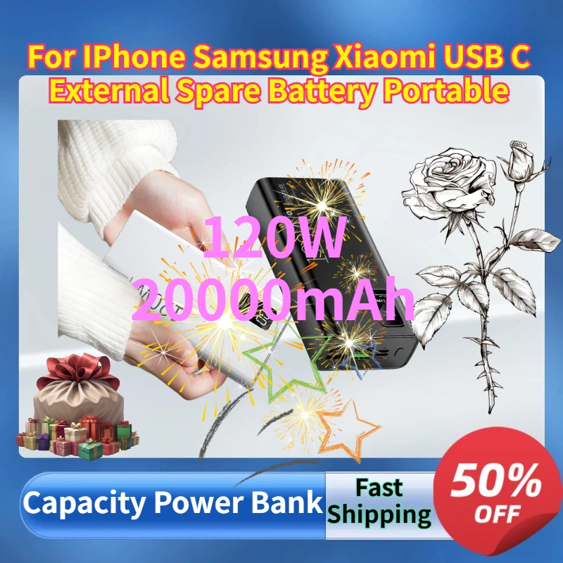 

Портативный внешний аккумулятор большой емкости 20000 мАч, быстрая зарядка 120 Вт для iPhone, Samsung, Xiaomi, USB-C
