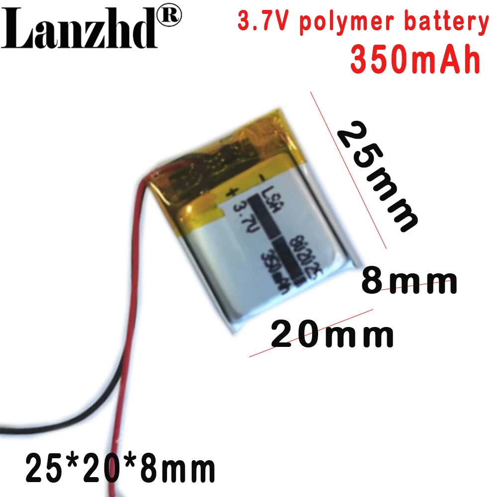 celda de batería de 3,7 V 802025   Batería de polímero de litio de 350MAH para altavoz de tarjeta enchufable de cámara Bluetooth de audio inteligente con luz LED