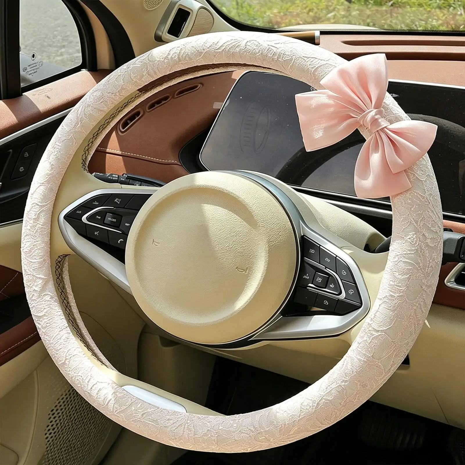 Car Wheel Cover 15 Inches Lace Pattern Interior Decor Steering Cover With Bow For SUV Truck Road Trip Daily Commute Long Drive view 5