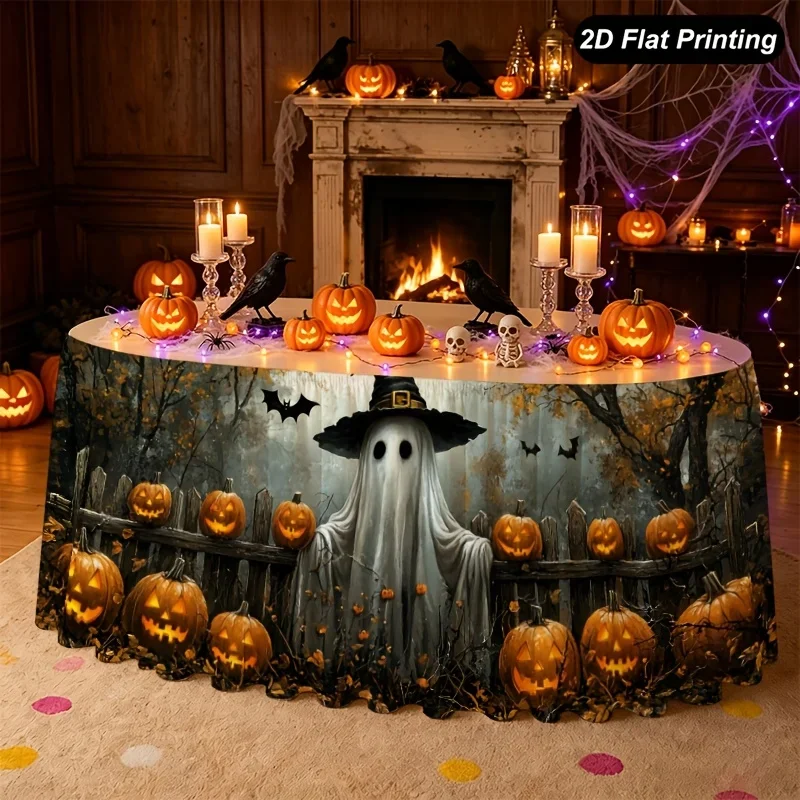 1pc Halloween table skirt, cute white cloth ghost wizard hat with pumpkin, autumn forest, bat patternxzj