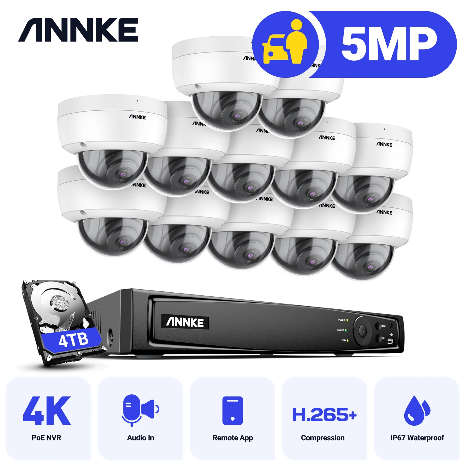 ANNKE H.265+ 8MP CCTV NVR Poe 16 Channels 5MP Security Camera Smart IR Full Night Vision 12Pcs Video Surveillance Set ONVIF IP67