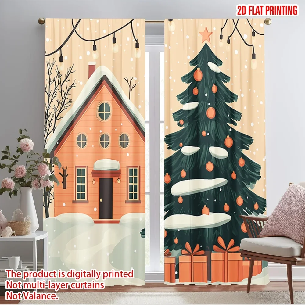 2pcs,2D plane printing Minimalist Curtains Christmas Tree Gifts House Versatile Polyester Fabric (without rod) Versatile All