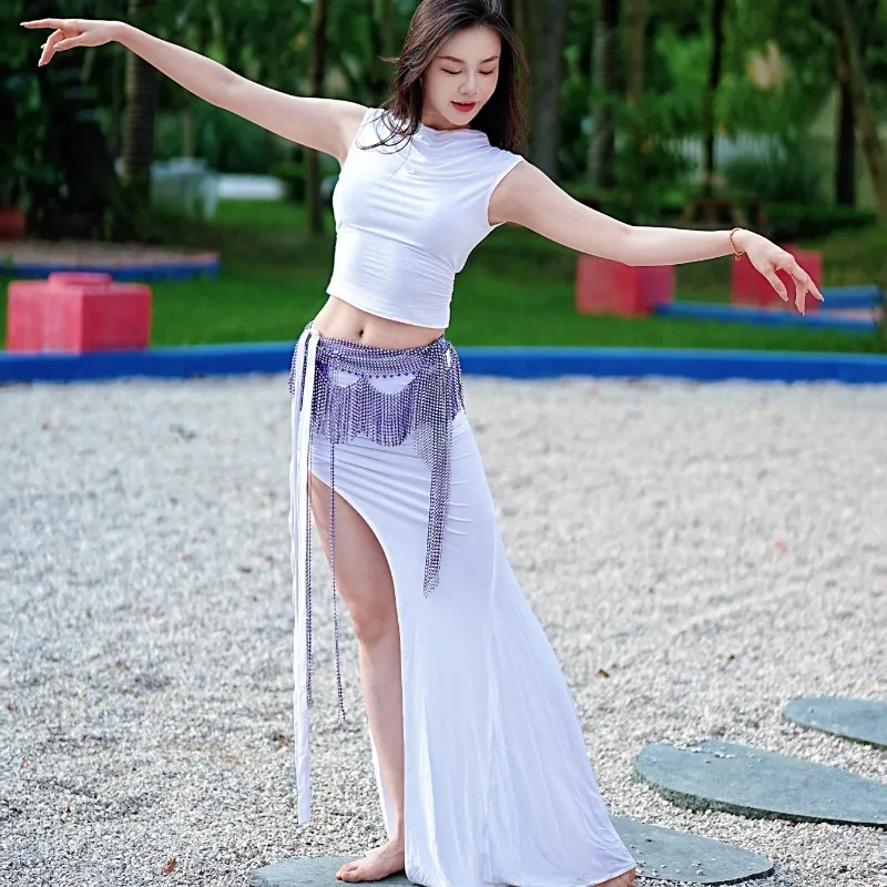 تنورة ذيل السمكة ذات الياقة البيضاء المخصصة مع أزياء الرقص الشرقي المكشوفة بمزاج الظهر بدلة الأداء الملابس الهندية للنساء #1