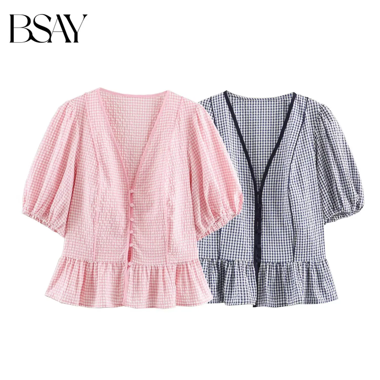 BSAY Blusa Mini a Cuadros Vichy para Mujer, Cuello en V, Manga Abullonada, Dobladillo con Volantes, Abotonadura Sencilla, Camisa Corta, Rosa y Azul, Top de Verano para Uso Diario