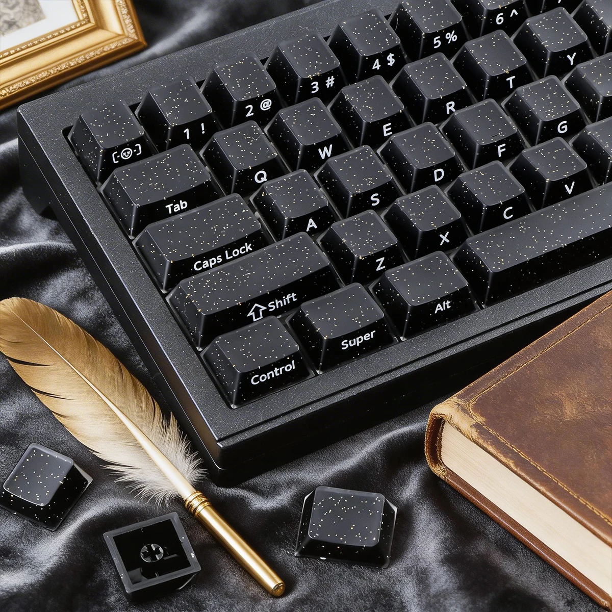 Velvet Jelly Black Keycaps with Gold Glitter Cherry Profile 126 Keys for Mechanical Keyboard