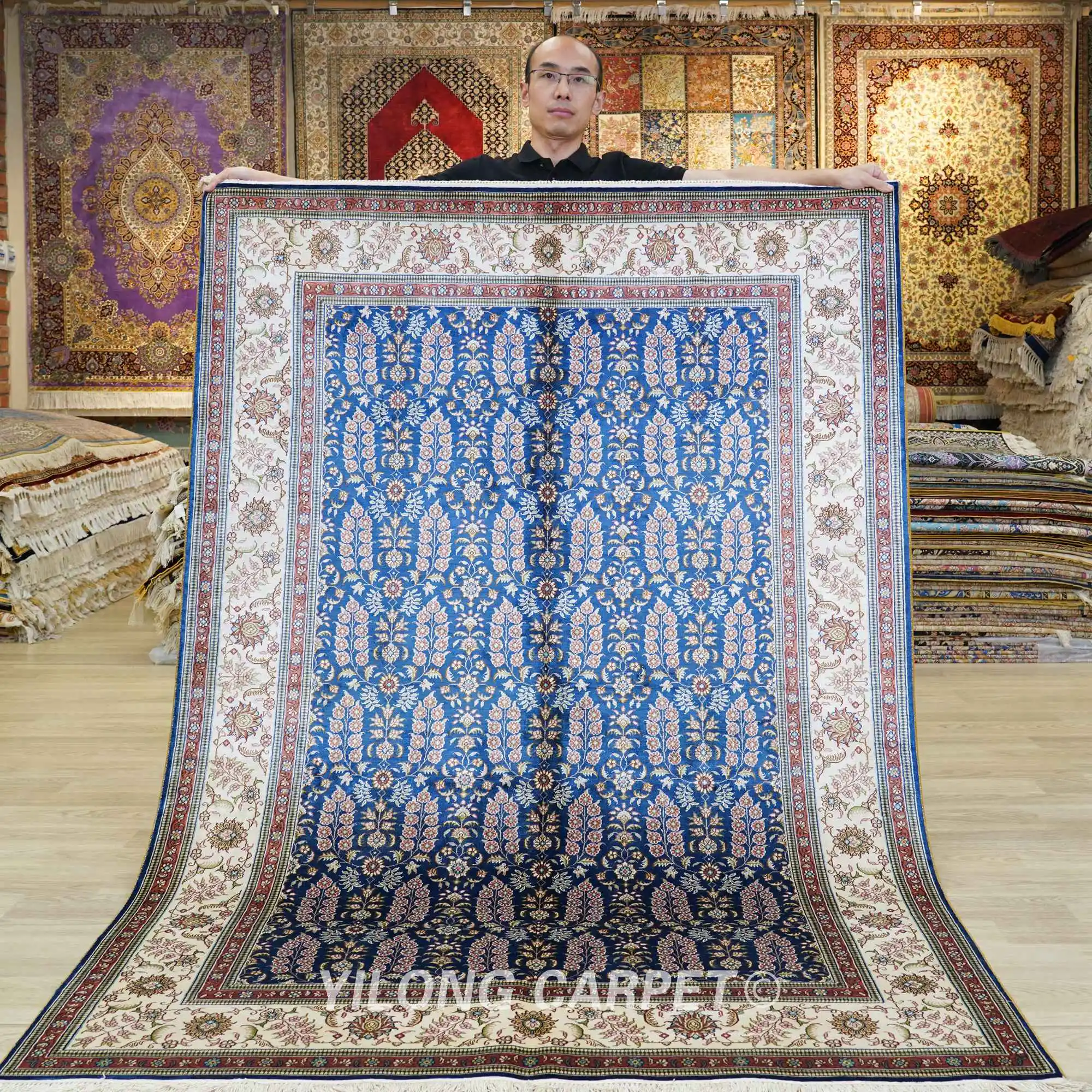 

4.5'x6.5' Oriental Silk Carpet Handmade Blue All Over Vantage Turkish Fine Rugs (HF394A)