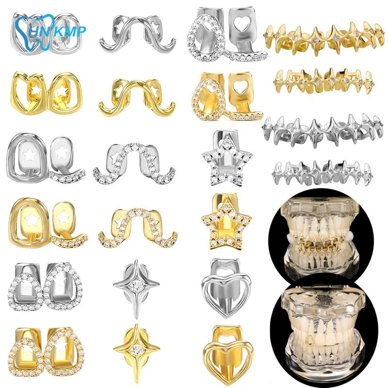 1 PC/1 Set Hip Hop Silver Gold Plated Grillz Teeth Shiny CZ Crystal Cross Gap Grillz Rose Star Shape Top & Bottom Tooth Cap