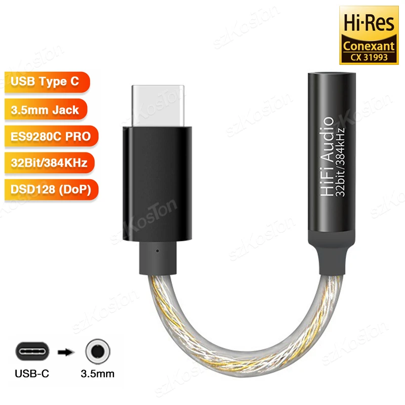 

CX31993 USB Type C Headphone DAC to 3.5mm Jack 16-32ohm 32b/384kHz PCM Digital Audio Converter for Android Win10 MacBook MIC