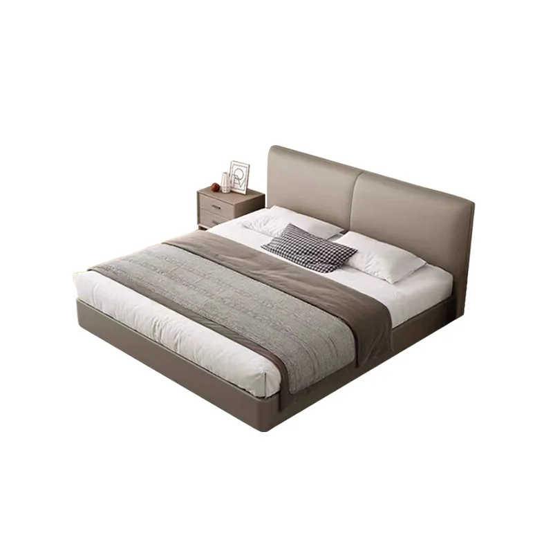 

Italian minimalist leather bed, first layer cowhide modern minimalist bed, light luxury master bed