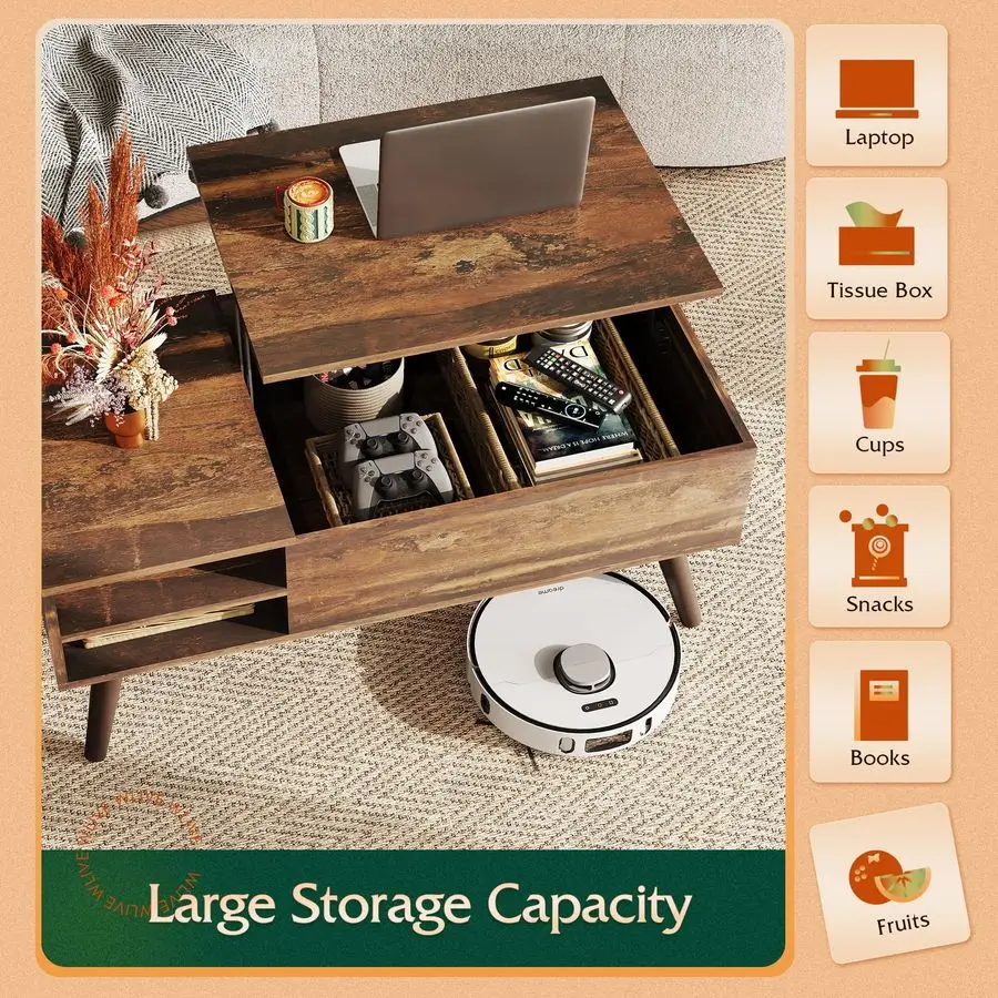 Lift Top Coffee Table for Living Room,Small Coffee Table with Storage, Adjustable Shelf and Storage Compartment, Mid Century Mod