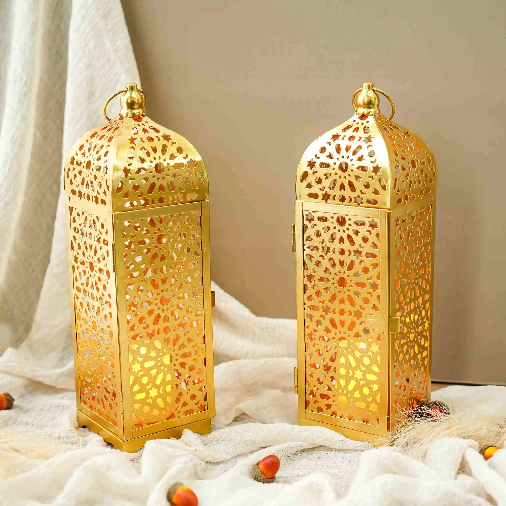 

Set of 2 Moroccan Hollow Gold Metal Lanterns for Home Holiday Decor