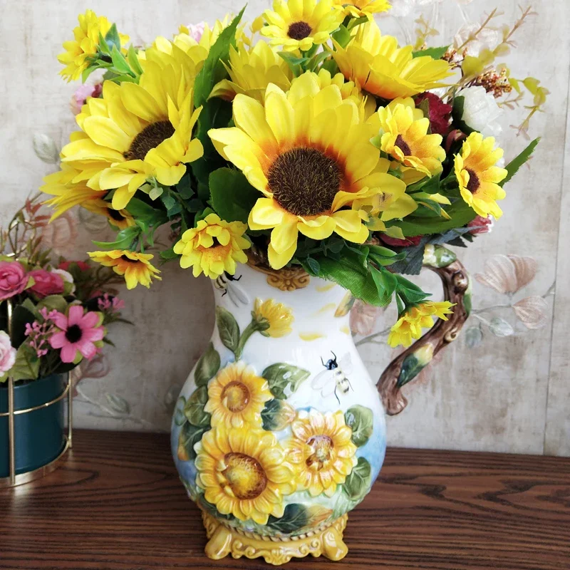 European pure hand-painted ceramic sunflower large ceramic vase sunflower flower TV cabinet entrance coffee table ornament