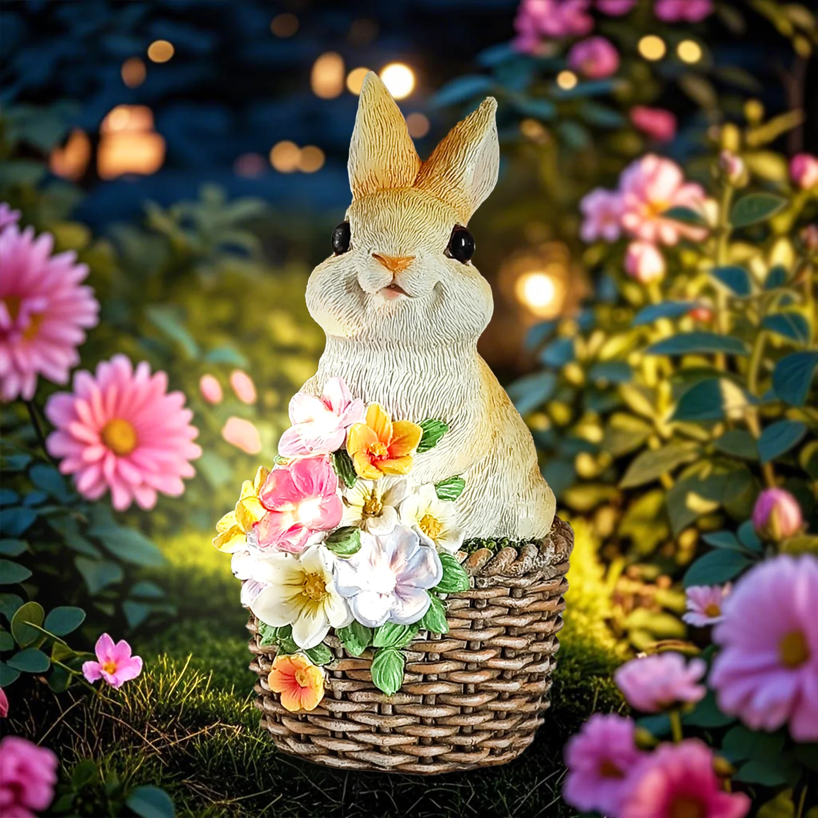 

Solar Rabbit Statues Outdoor Decor, Adorable Rabbit Figurine Sitting in Basket with Flower Lights Garden Ornaments