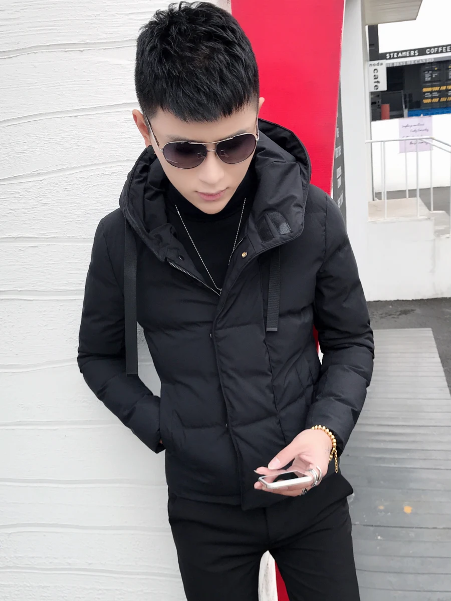 

Winter Cotton Jaet Men's Slim Fit Trendy ort Hooded Casual Haome Pure Color Cotton Coat Warm Thiened Zipper Design