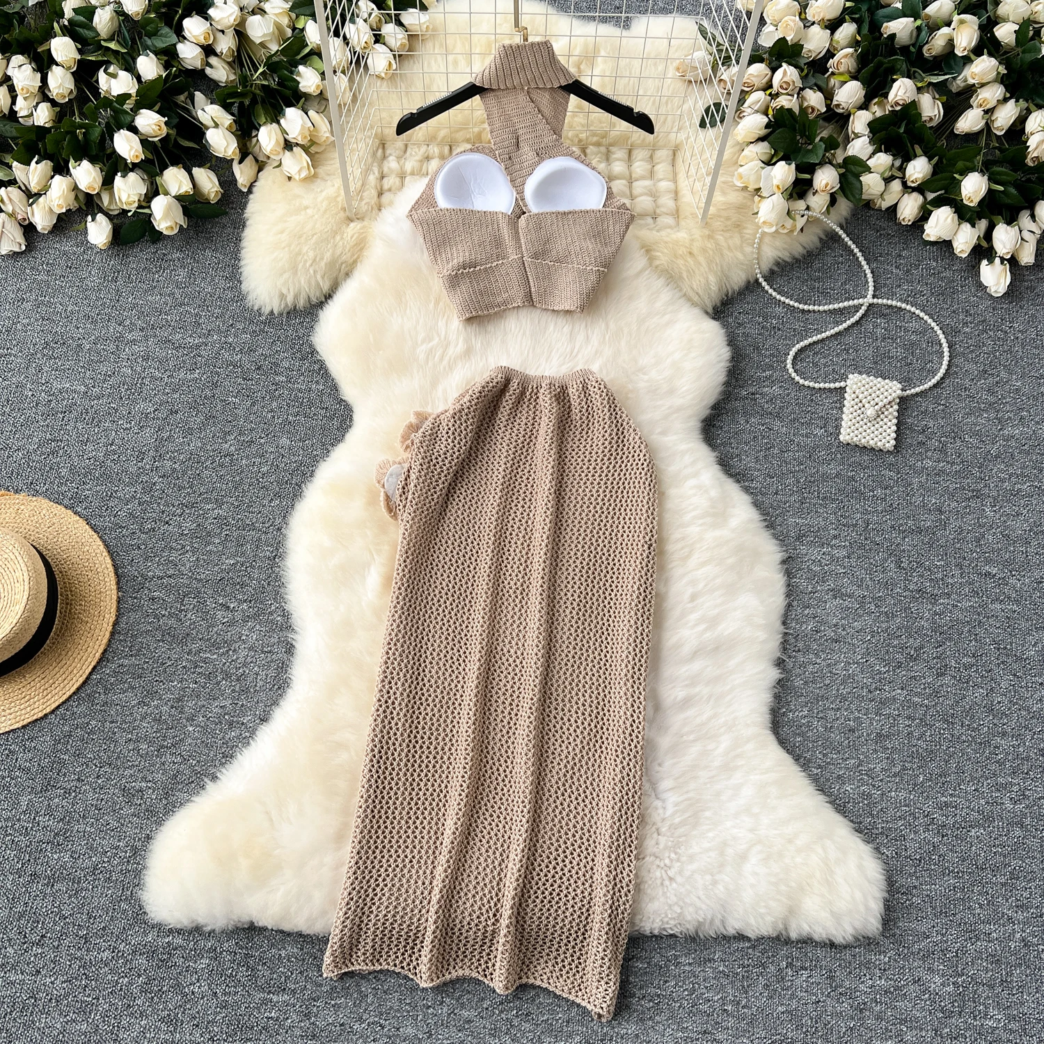 Vrouwelijke Zomer Halter Tropische Outfit Gebreide Holle 3D Bloem Sets Vrouwen Split Strand Vakantie Feestkostuums Dame Elegante 2 stuks Set