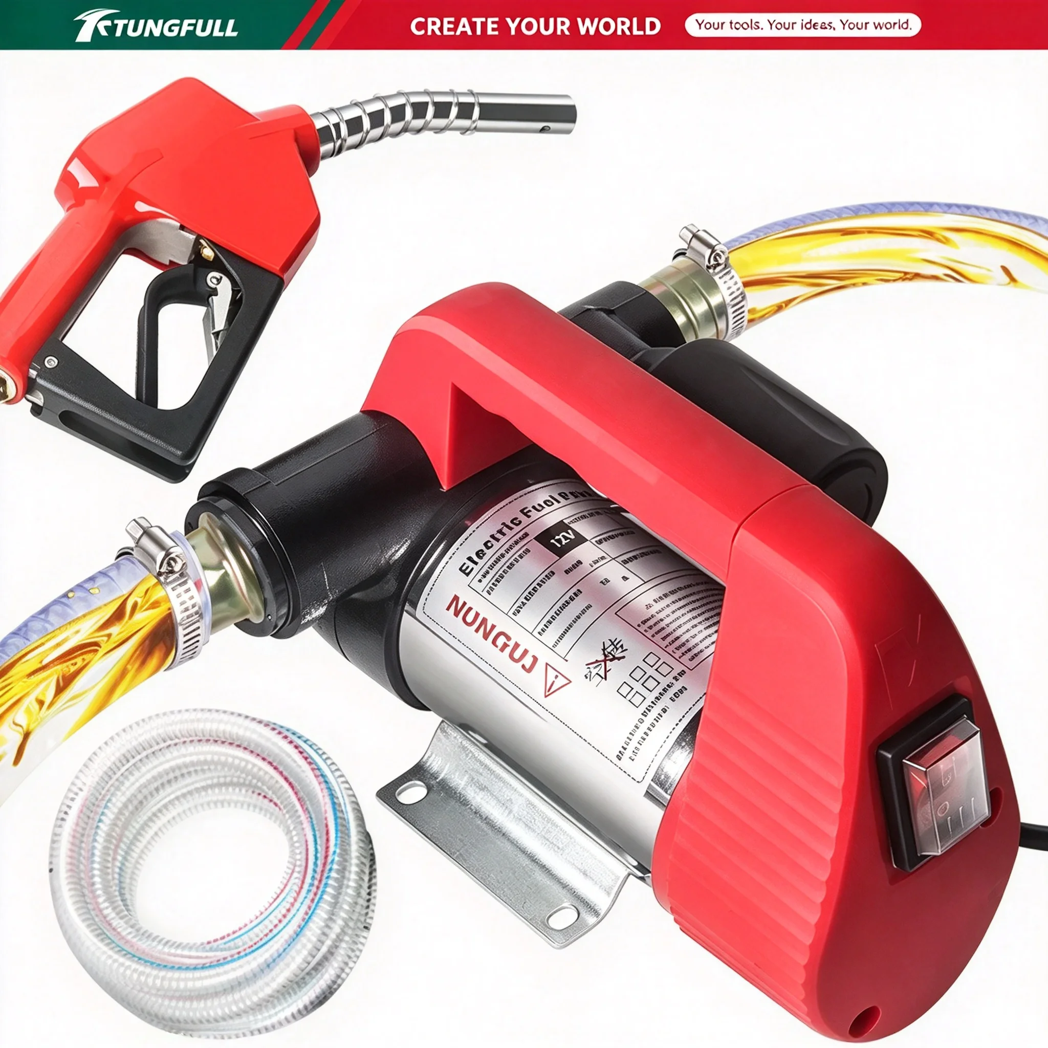 TUNGFULL Electric Fuel Transfer Pump Portable Self Priming Diesel Oil Extractor Pump with Hose and Nozzle for Car