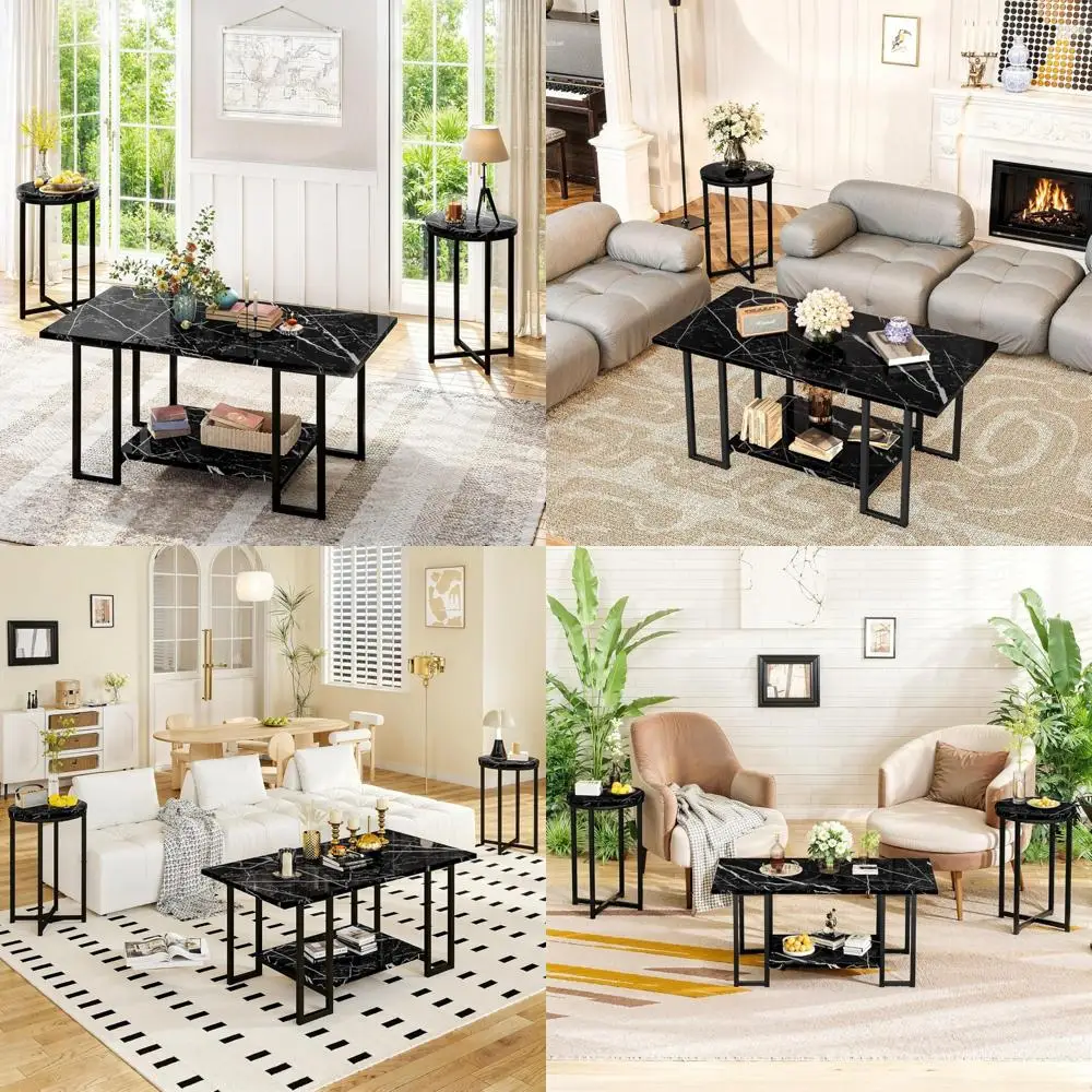3-Piece Living Room Table Set: Faux Marble Coffee Table and 2 Round End Tables with Metal Frame