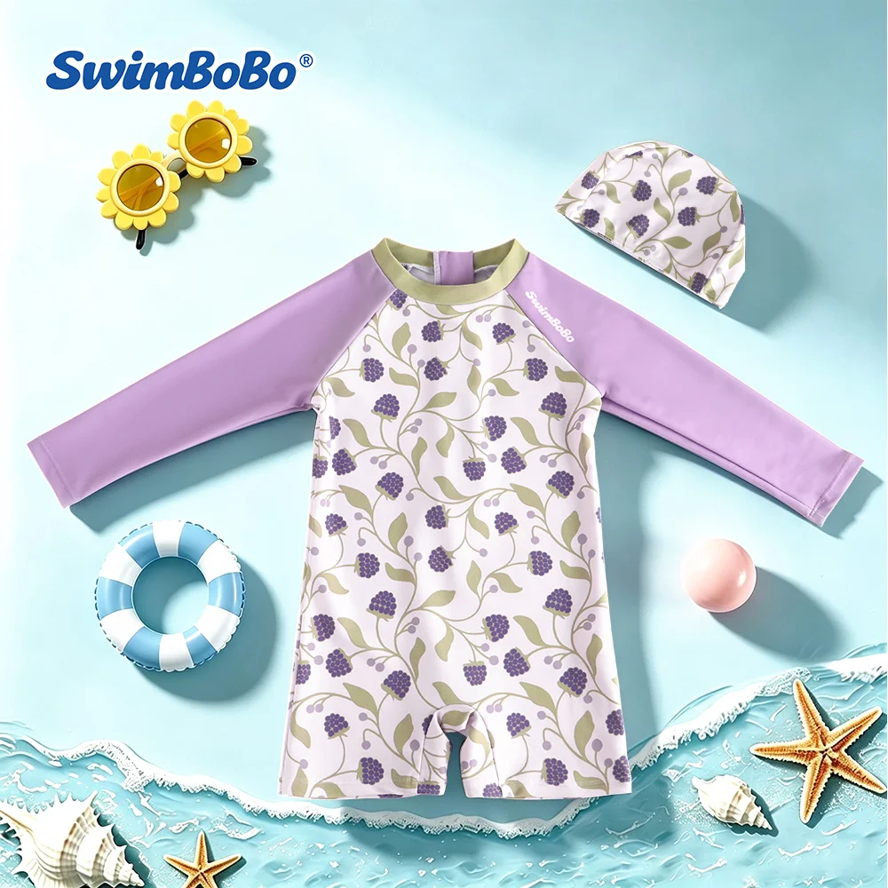 SwimBoBo Girls Long Sleeve Sun Protection One-Piece Swimsuit with Cap, Cool & Quick-Dry A-Class Fabric,   Print Baby Swimwear