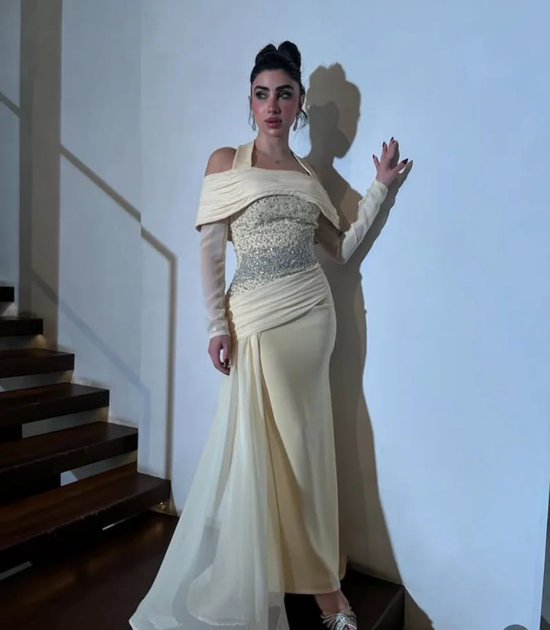 Вечерние вечерние платья из шифона нарцисса с открытыми плечами, блестящие длинные рукава, индивидуальное джерси, арабское платье для выпускного вечера, одежда