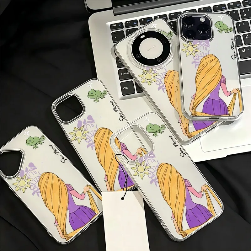 Cute Cartoon Princess Back View Chameleon Sun Print Clear Phone Case For iPhone 16 15 14 13 12 11 Pro Max Soft Shockproof Cover