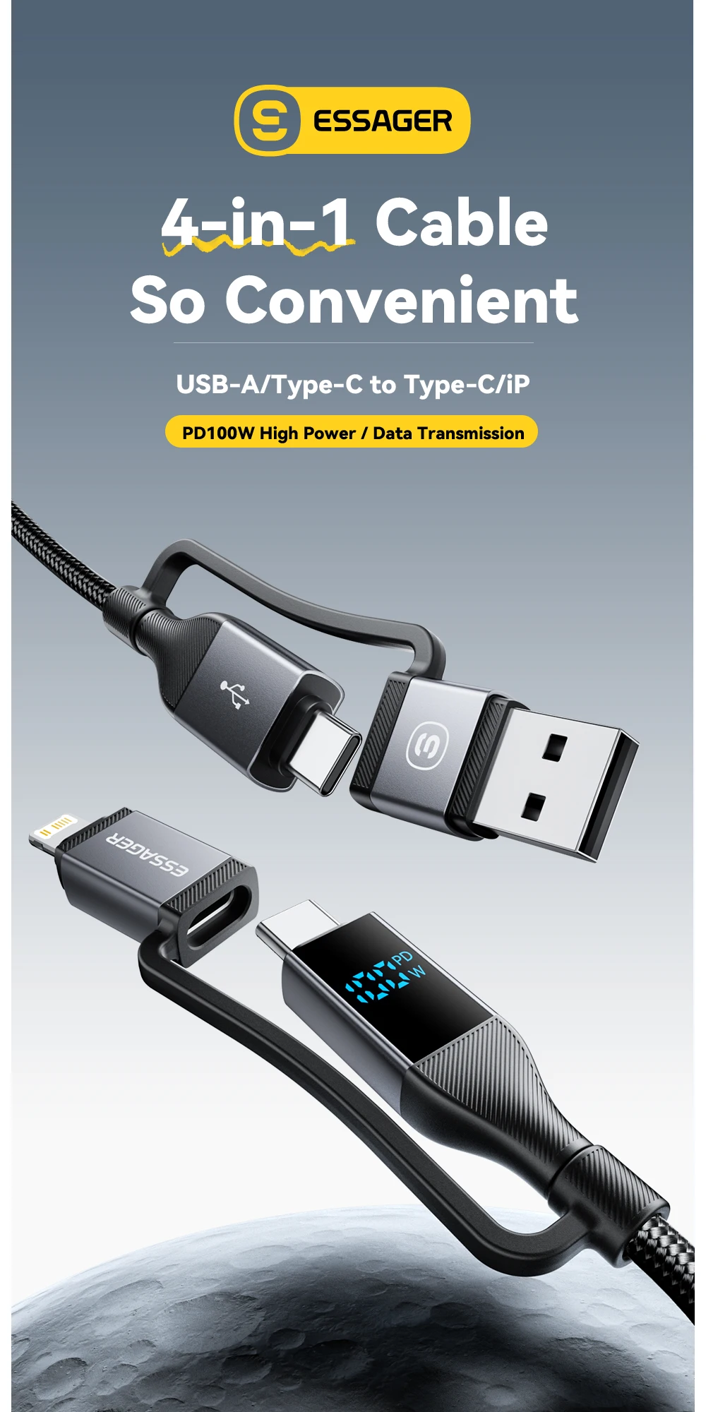 Essager 4 in 1 100 W USB-C-Kabel, digitales Display, schnelles Aufladen für iPhone 16 Huawei Xiaomi MacBook iPad USB Typ C-Beleuchtungskabel – Detail 1