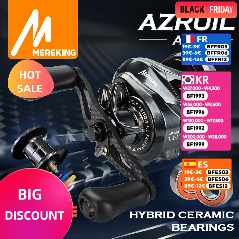 MEREKING AZRUIL Baitcasting Fishing Reel Carbon Fiber Rocker 6+1 Hybrid Ceramic Bearing 7.3:1 Speed Ratio Double Spools Seawater