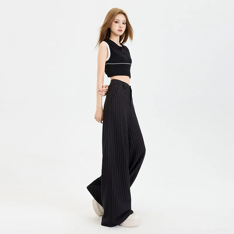 Black Striped Wide Leg Suit Pants for Women Loose Thin Hanging Casual Versatile Slimming Multi-functional Straight Leg Pants