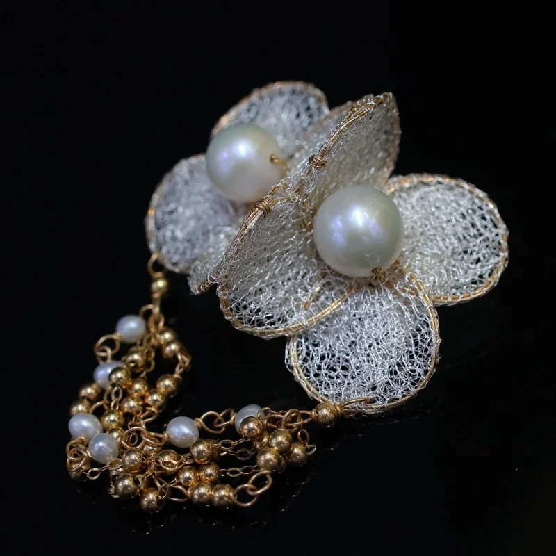 

SGARIT Trending Pearl Jewelry DIY Italian Craftwork Flower Lace 14k Filled Gold Natural Freshwater Edison Pearl Brooch Jewellery